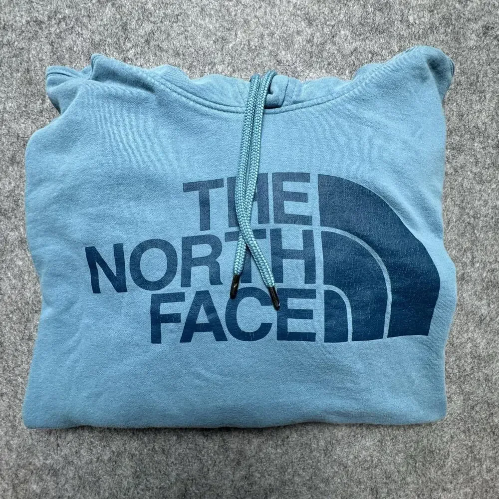 The North Face Hoodie Mens Large Blue Graphic Logo Pullover Fleece Sweatshirt